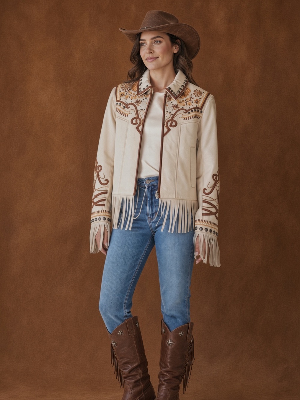 Double D Ranch Leather zip up Fringe Jacket with Brown Embroidery RTL $995 S